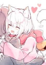 Rule 34 | 1boy, 1girl, :d, ^ ^, animal ears, black sweater, blush, chita (ketchup), closed eyes, fang, fox ears, fox girl, fox tail, hair between eyes, heart, highres, hug, long sleeves, open mouth, original, pink sweater, red scarf, scarf, simple background, sleeves past wrists, smile, solo focus, sweater, tail, white background, white hair