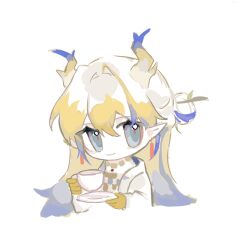 Rule 34 | 1girl, arknights, blonde hair, chibi, closed mouth, colored skin, cropped torso, cup, dragon girl, dragon horns, earrings, grey eyes, grey hair, hair between eyes, hair intakes, holding, holding cup, horns, jacket, jewelry, long hair, ng28681103, pointy ears, shu (arknights), simple background, smile, solo, tassel, tassel earrings, upper body, white background, white jacket
