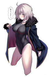 Rule 34 | 1girl, absurdres, ahoge, blush, breasts, coat, commentary, competition swimsuit, covered navel, fate/grand order, fate (series), fur trim, grey hair, hand up, highleg, highleg swimsuit, highres, holding, jeanne d&#039;arc (fate), jeanne d&#039;arc alter (avenger) (fate), jeanne d&#039;arc alter (fate), jewelry, long sleeves, looking at viewer, medium breasts, necklace, one-piece swimsuit, open mouth, pale skin, short hair, simple background, solo, swimsuit, swimsuit under clothes, thighs, ulrich (tagaragakuin), white background, yellow eyes
