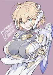 Rule 34 | 1girl, blonde hair, breasts, fiora (xenoblade), green eyes, highres, large breasts, looking at viewer, mecha-fiora, simple background, solo, spoilers, ug333333, xenoblade chronicles (series), xenoblade chronicles 1