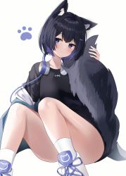 Rule 34 | 1girl, :3, absurdres, animal ear fluff, animal ears, bare legs, black dress, black hair, closed mouth, colored inner hair, convenient leg, dress, feet out of frame, hair ornament, hairclip, highres, hugging own tail, hugging tail, invisible chair, multicolored hair, nannung, original, purple eyes, purple hair, short dress, simple background, sitting, smile, solo, tail, two-tone hair, white background, white footwear