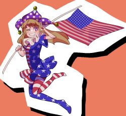 Rule 34 | 1girl, american flag, american flag dress, blonde hair, clownpiece, flag, full body, gradient eyes, grin, hat, holding, holding flag, konoha217, long hair, multicolored eyes, no shoes, one eye closed, polka dot headwear, puffy short sleeves, puffy sleeves, purple hat, short sleeves, smile, solo, striped clothes, striped thighhighs, thighhighs, touhou, two-tone dress, v