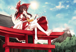 Rule 34 | 1girl, alternate costume, arm support, ascot, blue sky, bow, brown hair, cloud, day, detached sleeves, dress, feet, frilled dress, frills, gohei, hair bow, hair tubes, hakurei reimu, highres, lens flare, looking at viewer, midriff, mountain, no shoes, open mouth, rain (icetuofei), red eyes, ribbon-trimmed legwear, ribbon-trimmed sleeves, ribbon trim, shrine, sitting, sky, solo, sun, thighhighs, torii, touhou, tree, white thighhighs