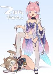 Rule 34 | 1boy, 1girl, animal ears, arms behind back, bare shoulders, blue background, blue hair, blush, breasts, brown hair, censored, covered eyes, detached sleeves, dog boy, dog ears, dog tail, femdom, genshin impact, gloves, gorou (genshin impact), gradient background, hetero, highres, holding, holding leash, leash, long hair, looking at viewer, matsushita yuubin, multicolored hair, nipples, open mouth, pet play, pink hair, purple eyes, sangonomiya kokomi, shorts, standing, stepped on, streaked hair, tail, tail wagging, thighhighs, v, very long hair, white background, white blindfold, white gloves, white shorts, white thighhighs