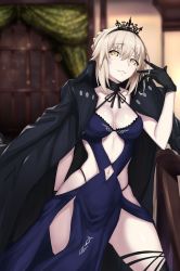 Rule 34 | 1girl, akatsuki ikki, artoria pendragon (alter swimsuit rider) (fate), artoria pendragon (alter swimsuit rider) (third ascension) (fate), artoria pendragon (fate), black gloves, black jacket, blue dress, blurry, blurry background, braid, breasts, bridal garter, center opening, choker, collarbone, commentary request, cowboy shot, curtains, dress, fate/grand order, fate (series), french braid, gloves, grin, hair between eyes, highleg, highleg panties, highres, jacket, lace, large breasts, multicolored background, open clothes, open jacket, panties, smile, solo, thighhighs, tiara, underwear, yellow eyes