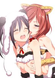 Rule 34 | 10s, 2girls, animal costume, animal ears, animal hat, animal print, black hair, blush, breasts, clearite, closed eyes, detached collar, fake animal ears, female focus, grabbing, grabbing another&#039;s breast, grabbing from behind, hairband, hat, highres, leopard ears, leopard print, licking, love live!, love live! school idol festival, love live! school idol project, multiple girls, navel, nipple stimulation, nipple tweak, nipples, nishikino maki, open mouth, panda costume, pom pom (clothes), purple eyes, red hair, short hair, small breasts, tongue, tongue out, twintails, wavy mouth, yazawa nico, yuri