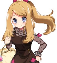 Rule 34 | 1girl, bad id, bad pixiv id, bag, blue eyes, blush, brown dress, brown hair, clenched hand, closed mouth, cowboy shot, creatures (company), cropped, dress, game freak, hand on own hip, handbag, heart, leaning forward, long dress, long hair, long sleeves, looking at viewer, nintendo, official alternate costume, pokemon, pokemon masters ex, ponytail, ribbed dress, serena (palentine&#039;s 2021) (pokemon), serena (pokemon), sidelocks, simple background, smile, solo, swept bangs, white background, yuihico