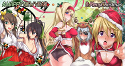 Rule 34 | 10s, 5girls, :o, ass, bad id, bad pixiv id, blonde hair, blush, breasts, brown hair, cecilia alcott, charlotte dunois, christmas, cleavage, clothes lift, costume, cover, eyepatch, green eyes, hair ribbon, hairband, highres, huang lingyin, infinite stratos, japanese clothes, large breasts, laura bodewig, long hair, miko, miniskirt, mouth hold, multiple girls, open mouth, panties, pointing, ponytail, purple eyes, ribbon, santa costume, shinonono houki, sian, silver hair, skirt, skirt lift, smile, underwear