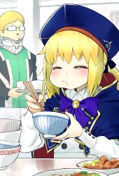 Rule 34 | 1boy, 1girl, artoria caster (fate), artoria caster (second ascension) (fate), artoria pendragon (fate), bags under eyes, blonde hair, bow, bowl, cape, chopsticks, closed eyes, eating, fate/grand order, fate (series), food, full mouth, glasses, hat, highres, neck brace, tochi keisuke, tray