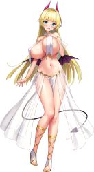 Rule 34 | 1girl, absurdres, areola slip, blonde hair, blue eyes, blunt bangs, blush, breast curtains, breasts, covered erect nipples, demon girl, demon horns, demon tail, demon wings, derauea, else eve dianta, full body, gold trim, hair intakes, highres, horns, huge breasts, long hair, low wings, mini wings, motto! haramase! honoo no oppai isekai chou ero: succubus gakuen, navel, official art, open mouth, pelvic curtain, photoshop (medium), pointy ears, see-through, shiny skin, solo, tail, toeless footwear, transparent background, v-shaped eyebrows, wavy mouth, wings