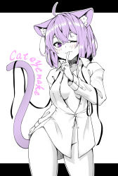 Rule 34 | 1girl, ;3, ahoge, animal ear fluff, animal ears, breasts, cat ears, cat girl, cat tail, crossed bangs, finger to mouth, hair between eyes, highres, hololive, index finger raised, letterboxed, looking at viewer, medium breasts, navel, nekomata okayu, nekomata okayu (oversized shirt), one eye closed, purple eyes, purple hair, shirt, short hair, solo, standing, tail, thighs, tsunde leon, virtual youtuber, white shirt