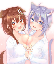 Rule 34 | 2girls, ahoge, animal ear fluff, animal ears, asymmetrical docking, blush, bone hair ornament, braid, breast press, breasts, brown eyes, brown hair, cartoon bone, cat ears, cat girl, cat tail, collarbone, collared shirt, crossed bangs, diagonal bangs, diffraction spikes, dog ears, dog girl, dog tail, fang, from above, from side, hair between eyes, hair ornament, hairclip, hamura hm, highres, holding hands, hololive, hololive gamers, interlocked fingers, inugami korone, long hair, looking at viewer, medium breasts, multiple girls, nail polish, naked shirt, nekomata okayu, nekomata okayu (oversized shirt), no bra, open clothes, open mouth, open shirt, orange nails, palms together, purple eyes, purple hair, purple nails, shirt, short hair, simple background, skin fang, slit pupils, smile, symmetrical docking, tail, upper body, virtual youtuber, white shirt, wing collar