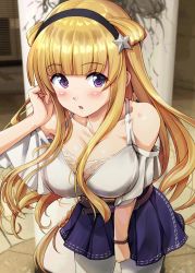 Rule 34 | 1girl, alternate costume, belt, black hairband, blonde hair, blouse, blue skirt, blush, breasts, brown belt, casual, collarbone, commentary request, double bun, fletcher (kancolle), hair ornament, hairband, highres, ichikawa feesu, kantai collection, large breasts, long hair, off shoulder, open mouth, pleated skirt, purple eyes, shirt, sidelocks, skirt, solo, star (symbol), star hair ornament, white legwear, white shirt