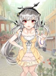 Rule 34 | 1girl, arknights, bare shoulders, breasts, collarbone, commentary, dress, hair ornament, hair ribbon, hairband, long hair, looking at viewer, multicolored clothes, multicolored dress, open mouth, outdoors, pointing, pointing at viewer, red eyes, ribbon, silver hair, solo, sundress, very long hair, watermark, weedy (arknights), yinchuan