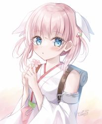 Rule 34 | 1girl, bare shoulders, blue eyes, blush, detached sleeves, flower, hair ribbon, haizakura (prima doll), hands up, highres, holding, holding flower, japanese clothes, kimono, kohinata hoshimi, long sleeves, looking at viewer, multicolored hair, parted lips, pink flower, pink hair, prima doll (anime), ribbon, signature, sleeveless, sleeveless kimono, solo, two-tone hair, white kimono, white ribbon, white sleeves, wide sleeves