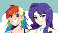 Rule 34 | &gt;:), 2girls, blue eyes, eyelashes, face, gem, grin, highres, jewelry, multicolored hair, multiple girls, my little pony, my little pony: friendship is magic, necklace, personification, purple eyes, purple hair, rainbow dash, rainbow hair, rarity (my little pony), reef (sanomsai products), smile, v-shaped eyebrows