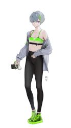 Rule 34 | 1girl, bad id, bad twitter id, bare shoulders, breasts, earrings, green footwear, hair ornament, high-waist pants, highres, jacket, jacket partially removed, jewelry, neon girl (ohisashiburi), ohisashiburi, original, pants, pantyhose, shirt, short hair, simple background, tank top, white background