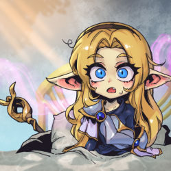 Rule 34 | 1girl, alternate ears, alternate form, armor, bed, blonde hair, blue eyes, brown hairband, collarbone, fang, hairband, indoors, league of legends, light, long hair, lux (league of legends), open mouth, parted bangs, phantom ix row, pillow, pointy ears, shoulder armor, solo