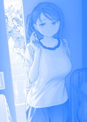 Rule 34 | 2girls, basketball jersey, blue theme, blush, breasts, check commentary, commentary, commentary request, faceless, faceless male, getsuyoubi no tawawa, gym, gym shorts, hair between eyes, highres, himura kiseki, jersey, large breasts, light smile, looking at viewer, monochrome, multiple girls, open mouth, playing with own hair, shorts, siblings, side ponytail, sweat, twins, waving