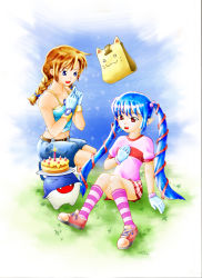 Rule 34 | &gt; &lt;, 2girls, :3, animal ears, belt, birthday cake, blue hair, braid, brown hair, cake, closed eyes, dolfini, floating, food, gloves, hair ribbon, hand on own chest, kneeling, kooh, long hair, looking at another, midriff, multiple girls, navel, open mouth, pangya, papel, pastry, pippin (pangya), red eyes, ribbon, shirt, shoes, short sleeves, shorts, sitting, skirt, socks, standing, star (symbol), striped clothes, striped legwear, striped socks, twin braids, twintails, white gloves