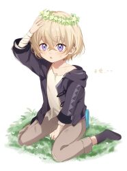 Rule 34 | 1boy, :o, aged down, arm support, arm up, aventurine (honkai: star rail), bandaged arm, bandages, black hoodie, black socks, blonde hair, blue eyes, blush, brown pants, child, commentary, crossed bangs, flower, flower wreath, grass, hair between eyes, hand on own head, head wreath, honkai: star rail, honkai (series), hood, hood down, hoodie, kakavasha (honkai: star rail), long sleeves, male focus, multicolored eyes, off shoulder, open clothes, open hoodie, open mouth, pants, purple eyes, sakuya 990331, shirt, short hair, sidelocks, simple background, sitting, socks, solo, torn clothes, torn shirt, translation request, wariza, white background, white flower, white shirt