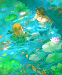 Rule 34 | 1boy, 1girl, abs, absurdres, artist name, bare arms, blonde hair, braid, collarbone, earrings, from above, hair ornament, hairclip, highres, jewelry, lily pad, link, long hair, looking at another, nintendo, partially submerged, pointy ears, princess zelda, short hair, short ponytail, swimming, the legend of zelda, the legend of zelda: breath of the wild, topless male, viria13, water