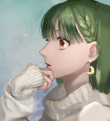 Rule 34 | braid, crescent, crescent earrings, earrings, green hair, grey background, highres, jewelry, macross, macross frontier, parted lips, pote-mm, profile, ranka lee, red eyes, red lips, ribbed sweater, short hair, single braid, sleeves past wrists, solo, sweater, white sweater
