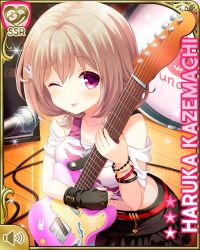 Rule 34 | 1girl, :p, belt, black footwear, black gloves, black skirt, blush, boots, brown hair, rabbit hair ornament, character name, closed mouth, day, fingerless gloves, girlfriend (kari), gloves, guitar, hair ornament, hairclip, indoors, instrument, kazemachi haruka, looking at viewer, official art, one eye closed, pink eyes, pink shirt, qp:flapper, shirt, short hair, short sleeves, skirt, solo, speaker, standing, tagme, tongue, tongue out, torn clothes, torn shirt, wink