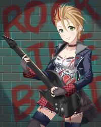 Rule 34 | 10s, 1girl, artist request, black gloves, breasts, brown hair, choker, cleavage, clothes writing, collarbone, commentary request, earrings, electric guitar, eyebrows, fingerless gloves, frilled choker, frills, gloves, green eyes, guitar, hair between eyes, highres, idolmaster, idolmaster cinderella girls, instrument, jacket, jewelry, kimura natsuki, long sleeves, looking at viewer, music, nail polish, plaid, plaid skirt, playing instrument, rock, short hair, skirt, smile, solo