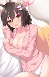 Rule 34 | absurdres, animal ears, blue archive, blush, breasts, brown hair, eyeshadow, fang, fox ears, fox girl, fox hair ornament, fox tail, halo, hayana neru, highres, izuna (blue archive), lying, makeup, medium breasts, medium hair, no pants, on bed, on side, open clothes, open mouth, open shirt, panties, partially unbuttoned, pink shirt, red eyeshadow, shirt, skin fang, sleeves past wrists, smile, tail, underwear, white panties, yellow eyes