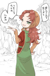 Rule 34 | 1girl, :d, absurdres, brown hair, brown shirt, commentary request, day, dragon quest, dragon quest vii, dress, green dress, green eyes, hand on own hip, hand up, head scarf, highres, layered sleeves, long hair, long sleeves, maribel (dq7), monochrome background, open mouth, outdoors, parted bangs, shirt, short over long sleeves, short sleeves, sleeveless, sleeveless dress, sleeves past wrists, smile, solo, translation request, tree, yamamoto souichirou