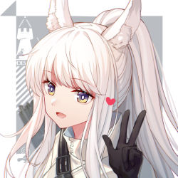 Rule 34 | 1girl, animal ear fluff, animal ears, arknights, blue shrimp, gloves, heart, horse ears, horse girl, long hair, looking at viewer, open mouth, platinum (arknights), platinum blonde hair, ponytail, portrait, shoulder strap, sidelocks, smile, solo, w