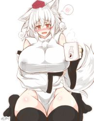 Rule 34 | 1girl, animal ears, bare shoulders, black thighhighs, blush, breast hold, breasts, bridal gauntlets, cup, detached sleeves, eyebrows, fang, ginzake (mizuumi), hat, huge breasts, inubashiri momiji, lactation, lactation through clothes, looking at viewer, mug, nose blush, open mouth, pelvic curtain, pom pom (clothes), red eyes, short hair, sitting, solo, spoken blush, tail, thick eyebrows, thighhighs, tokin hat, touhou, wariza, white hair, wide hips, wide sleeves, wolf ears, wolf tail