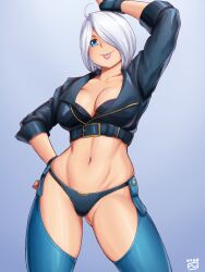 Rule 34 | 1girl, angel (kof), black gloves, black panties, blue eyes, breasts, cleavage, collarbone, cropped jacket, female focus, finalcake, fingerless gloves, gloves, hair over one eye, highres, jacket, large breasts, leather, leather jacket, looking at viewer, midriff, navel, panties, short hair, smile, snk, solo, the king of fighters, tongue, tongue out, underwear, white hair