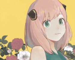 Rule 34 | 1girl, aged up, anya (spy x family), bare shoulders, blurry, blurry background, closed mouth, depth of field, dress, flower, green dress, green eyes, highres, looking at viewer, mashiro haneda, pink hair, red flower, simple background, sleeveless, sleeveless dress, smile, solo, spy x family, upper body, white flower, yellow background