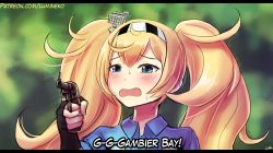 Rule 34 | 1girl, blonde hair, blue eyes, blue shirt, blurry, blush, character name, collared shirt, commentary, depth of field, english commentary, english text, finger on trigger, fingerless gloves, gambier bay (kancolle), gloves, gun, hair between eyes, hairband, handgun, kantai collection, lumineko, meme, open mouth, parody, revolver, scared, shirt, signature, silent night deadly night part 2, subtitled, sweat, twintails, upper body, wavy mouth, weapon