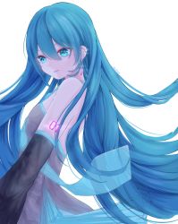 Rule 34 | 1girl, black sleeves, blue eyes, blue hair, blue necktie, detached sleeves, earrings, floating hair, from side, grey shirt, hair down, hatsune miku, highres, jewelry, katorea, long hair, long sleeves, necktie, open mouth, shirt, simple background, sleeveless, sleeveless shirt, solo, standing, transparent, very long hair, vocaloid, white background