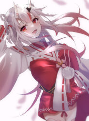 Rule 34 | 1girl, aonagi hisame, blurry, blurry background, blush, commentary request, floating hair, gradient hair, hair between eyes, highres, hololive, horns, long hair, looking at viewer, multicolored hair, nakiri ayame, nakiri ayame (shrine maiden), nontraditional miko, open mouth, red eyes, red hair, sidelocks, skin-covered horns, solo, streaked hair, virtual youtuber, white hair