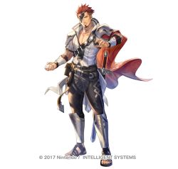 Rule 34 | bag, cape, collared shirt, eyepatch, facial hair, fire emblem, fire emblem echoes: shadows of valentia, fire emblem heroes, full body, goatee, leather belt, leather strap, male focus, muscular, muscular male, nintendo, official alternate costume, official art, pectorals, red hair, saber (fire emblem), sandals, satchel, shimomura watari, shirt, solo, sword, weapon
