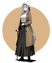 Rule 34 | 1girl, black footwear, black skirt, blind, brown coat, cane, closed eyes, closed mouth, coat, earrings, facing viewer, full body, gogalking, grey hair, hat, highres, jewelry, long hair, long skirt, open clothes, open coat, ophelia (gogalking), orange background, original, shirt, shoes, skirt, smile, solo, standing, very long hair, white hat, white shirt