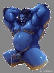 Rule 34 | 1boy, alternate muscle size, arms behind head, bara, beard, beast (x-men), belly, blue hair, blue skin, colored skin, completely nude, cropped legs, erection, facial hair, fat, fat man, full beard, glasses, gluteal fold, highres, large pectorals, lolmonster, looking to the side, male focus, marvel, mature male, monster boy, muscular, muscular male, nipples, nude, pectorals, penis, solo, spread legs, stomach, thick beard, thick thighs, thighs, tusks, uncensored, x-men