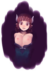 Rule 34 | 1girl, aco (koaya ako), bad id, bad pixiv id, bare shoulders, breasts squeezed together, breasts, breasts out, brown eyes, brown hair, clothes pull, crazy eyes, demon girl, disgaea, horns, large breasts, nipples, nippon ichi, open clothes, pointy ears, shirt down, shirt pull, short hair, solo, succubus (disgaea)