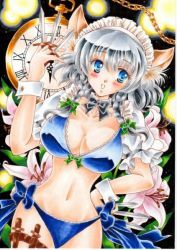 Rule 34 | 1girl, animal ears, between fingers, bikini, blue bikini, blue eyes, blush, bow, bow bikini, braid, breasts, cat ears, cleavage, cowboy shot, detached collar, detached sleeves, flower, frilled bikini, frills, hand on own hip, holding, holding knife, izayoi sakuya, knife, knives between fingers, lily (flower), looking to the side, maid, maid headdress, mitunariia, navel, open mouth, pocket watch, roman numeral, short hair, silver hair, smile, solo, swimsuit, thigh strap, thighs, touhou, traditional media, twin braids, watch, wrist cuffs