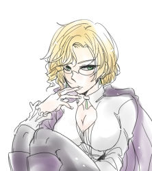Rule 34 | 1girl, black pantyhose, boots, breasts, cape, cleavage, cleavage cutout, closed mouth, clothing cutout, collarbone, earrings, eyelashes, finger to mouth, glasses, glynda goodwitch, jewelry, knee boots, long sleeves, looking at viewer, medium breasts, pantyhose, purple footwear, rimless eyewear, rwby, shirt, short hair, signalkj, simple background, solo, tsurime, white background, white shirt