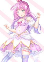 Rule 34 | 1girl, :d, arms up, blush, bracelet, breasts, candy hair ornament, crown, detached sleeves, dress, food-themed hair ornament, gradient hair, green eyes, hair ornament, hair rings, heterochromia, highres, himemori luna, himemori luna (1st costume), hololive, jewelry, long hair, looking at viewer, medium breasts, multicolored hair, open mouth, pink hair, purple eyes, purple hair, purple thighhighs, short sleeves, sidelocks, simple background, smile, solo, space print, standing, starry sky print, striped background, striped clothes, striped thighhighs, thighhighs, two-tone hair, virtual youtuber, yuano
