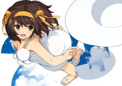 Rule 34 | 1girl, breasts, brown hair, cleavage, cloud, commentary request, countdown, dress, hairband, haruhisky, hat, looking at another, medium breasts, open mouth, ribbon, sandals, short hair, sidelocks, sky, solo, sun hat, suzumiya haruhi, suzumiya haruhi no yuuutsu, white dress, white footwear, yellow hairband, yellow ribbon