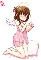 Rule 34 | 1girl, alternate costume, angel wings, artist logo, babydoll, barefoot, bed, breasts, brown eyes, brown hair, commentary request, dated, fingers together, folded ponytail, full body, halo, highres, inazuma (kancolle), index fingers together, kanon (kurogane knights), kantai collection, kneeling, long hair, looking at viewer, panties, pillow, pink panties, simple background, small breasts, solo, underwear, white background, wings