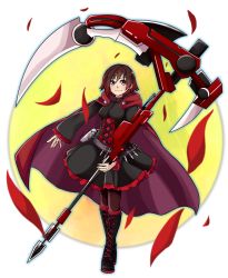 Rule 34 | 1girl, black hair, boots, cape, crescent rose, gothic lolita, highres, lolita fashion, pantyhose, red cape, ruby rose, rwby, scythe, short hair, grey eyes, smile, solo