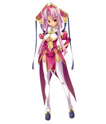 Rule 34 | 00s, 1girl, :i, breasts, center opening, dress, full body, hair ornament, hand on own hip, hat, headwear request, hikage eiji, koihime musou, long hair, medium breasts, navel, pink hair, purple hair, red eyes, solo, sonken, standing, thigh gap, thighhighs, thighs, underboob, white background, white thighhighs