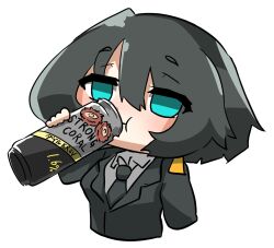 Rule 34 | 1girl, allmind (armored core 6), armored core, armored core 6, black hair, can, drinking, energy drink, green eyes, helianthus (armored core 6), highres, necktie, office lady, wheel skeleton